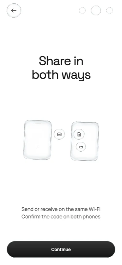 Onboarding screen titled Share in both ways, with the glass drop split into two phones passing files.
