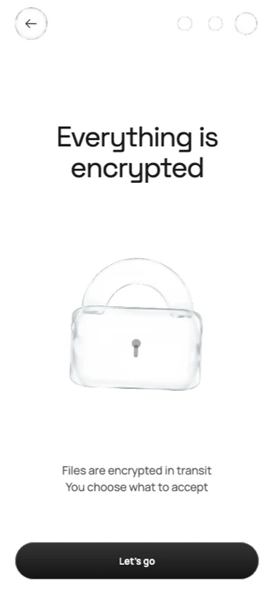 Onboarding screen titled Everything is encrypted, with the glass shaped into a closed padlock.